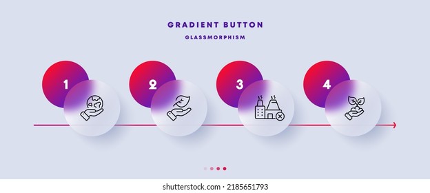 Caring for the environment set icon. Hand holding planet, leaf, care, power plant, no fumes, smoke, soil, leaves. Ecology concept. Glassmorphism style. Vector line icon for Business and Advertising.