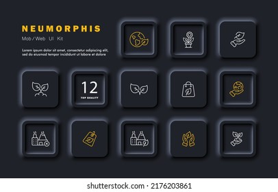 Caring for the environment set icon. Leaf, leaves, hand, plant, save the planet, factory, biodegradable, package, bag. Ecology concept. Neomorphism. Vector line icon for Business and Advertising.