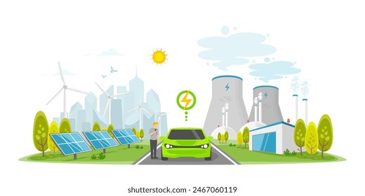 Caring for the environment and using clean green energy from renewable energy sources low carbon concept, Technology for a sustainable environment, Power generation system industry on city background.