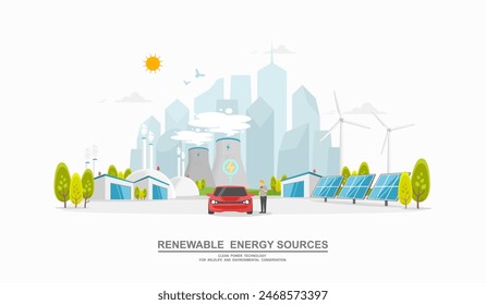 Caring for the environment and using clean green energy from renewable energy sources low carbon concept, Technology for a sustainable environment, Power generation system industry on city background.