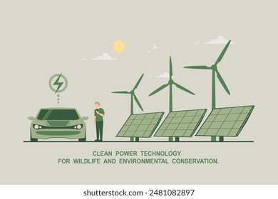 Caring for the environment and using clean green energy, Renewable energy sources net zero emission concept, Electric vehicle Technology, Wind power generator and Photovoltaics system industrial.