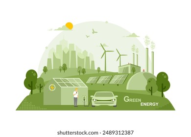 Caring for the environment and using clean green energy, Renewable energy sources net zero emission concept, Electric vehicle Technology, Wind power generator and Photovoltaics system industrial.