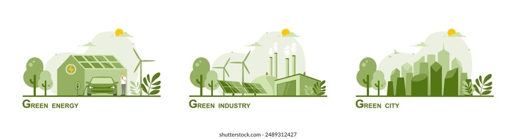 Caring for the environment and using clean green energy, Renewable energy sources net zero emission concept, Electric vehicle Technology, Wind power generator and Photovoltaics system industrial.