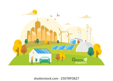 Caring for the environment and using clean green energy, Renewable energy sources net zero emission concept, Electric vehicle Technology, Wind power generator and Photovoltaics system industrial.