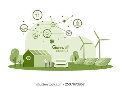 Caring for the environment and using clean green energy, Renewable energy sources net zero emission concept, Electric vehicle Technology, Wind power generator and Photovoltaics system industrial.