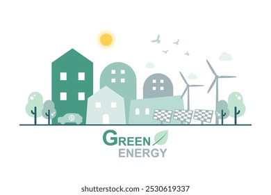 Caring for the environment and using clean green energy, Renewable energy net zero emission, Green city concept, Electric vehicle Technology, Wind power generator and Photovoltaics system industrial.