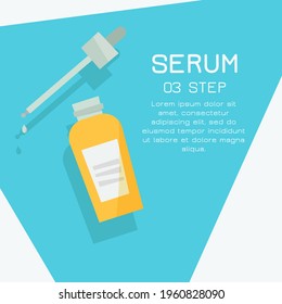 A caring face serum with a dropper on a blue and white background. Flat vector illustration.