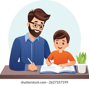 Caring father helping his child with homework or remote learning at home, showing support, patience, and bonding during education time. Perfect for parenting, family, and learning concepts.
