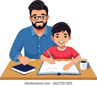 Caring father helping his child with homework or remote learning at home, showing support, patience, and bonding during education time. Perfect for parenting, family, and learning concepts.