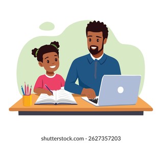 Caring father helping his child with homework or remote learning at home, showing support, patience, and bonding during education time. Perfect for parenting, family, and learning concepts.