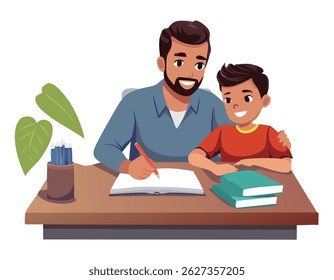 Caring father helping his child with homework or remote learning at home, showing support, patience, and bonding during education time. Perfect for parenting, family, and learning concepts.