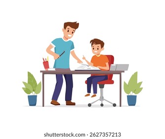 Caring father helping his child with homework or remote learning at home, showing support, patience, and bonding during education time. Perfect for parenting, family, and learning concepts.