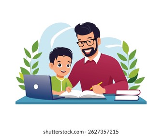 Caring father helping his child with homework or remote learning at home, showing support, patience, and bonding during education time. Perfect for parenting, family, and learning concepts.