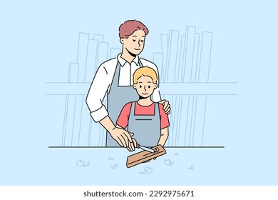 Caring father teach son carpentry in workshop. Loving dad and little boy child engaged in artisan and woodwork. Hobby and leisure. Vector illustration. 