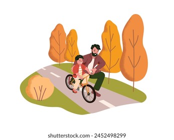 Padre cariñoso enseña a su hijo a andar en bicicleta al aire libre. Los padres ayudan a los niños a montar en bicicleta. Papá y el niño en caminar con la bicicleta. La familia pasa tiempo juntos. Ilustración vectorial aislada plana sobre fondo blanco