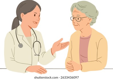 A caring female doctor consults with an elderly female patient, emphasizing good bedside manner and patient care. Ideal for healthcare, medical, senior care, and consultation themes.