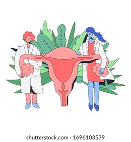 Caring female doctors in glasses and a medical coats stands near the uterus, holds it and smiles. Background - Green Tropical Leaves and Plants. Minimal cartoon style