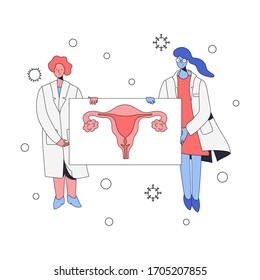 Caring female doctors in glasses and a medical coat stands near the uterus, holds the picture and smiles. Background - viruses and other hostile environment. Minimal cartoon style