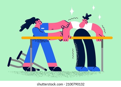 Caring female nurse help injured man train on bars on rehabilitation in hospital. Happy woman doctor and male patient exercise in rehab center. Recovery from trauma or injury. Vector illustration. 