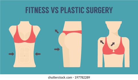 Caring figure, weight loss, plastic surgery and fitness icons set. Perfect body illustration. Breast, figure and buttocks icons. Flat design vector.