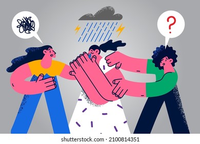 Caring Friends Help Sad Unhappy Girl Crying Suffering From Mental Disorder Or Depression. Distressed Young Woman Struggle With Psychological Issue Or Anxiety Problem. Flat Vector Illustration. 