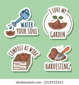 Caring for the garden flat isolated stickers. Gardening set of illustrations.