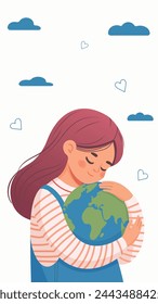 Caring girl gently hugging the the planet earth. Earth day. Vector illustration