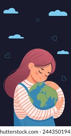 Caring girl gently hugging the the planet earth. Earth day. Vector illustration