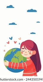 Caring girl gently hugging the the planet earth. Earth day. Vector illustration