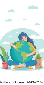 Caring girl gently hugging the the planet earth. Earth day. Vector illustration