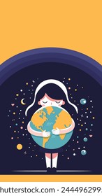 Caring girl gently hugging the the planet earth. Earth day. Vector illustration