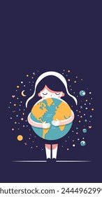 Caring girl gently hugging the the planet earth. Earth day. Vector illustration