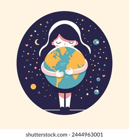 Caring girl gently hugging the the planet earth. Earth day. Vector illustration