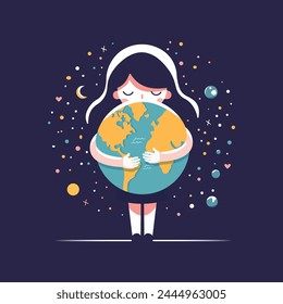 Caring girl gently hugging the the planet earth. Earth day. Vector illustration