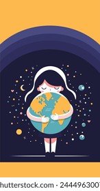 Caring girl gently hugging the the planet earth. Earth day. Vector illustration