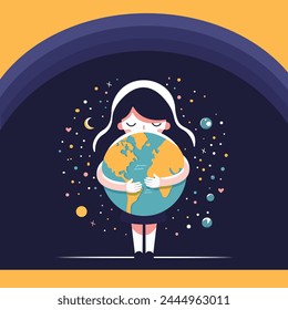 Caring girl gently hugging the the planet earth. Earth day. Vector illustration