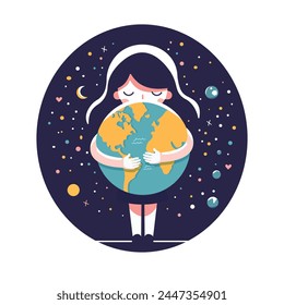 Caring girl gently hugging the the planet earth on the white background. Earth day. Vector illustration