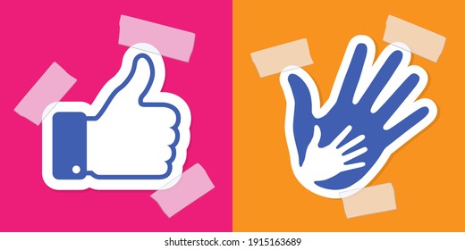 La mano de cuidado se aplica con un yeso. Sube el dedo.  Logo de la mano de ayuda médica. Niños emblemáticos. Conjunto de ilustraciones de vector