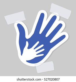 Caring hand applique with a plaster. White - blue paper healthcare medical help hand logo. Emblem parent children vector illustration. Medicine design element.