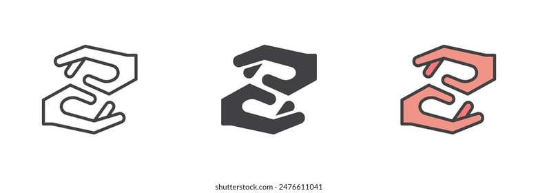 Manos atentas diferentes conjunto de iconos de estilo. Línea, glifo y contorno relleno versión colorida, contorno y Vector relleno signo. Símbolo de asistencia, ilustración de logotipo. Vector gráfico