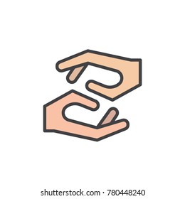 Caring hands filled outline icon, line vector sign, linear colorful pictogram isolated on white. Assistance symbol, logo illustration. Pixel perfect vector graphics