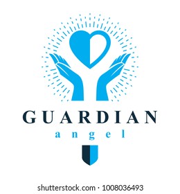 Caring hands hold heart as the concept of love and treatment. Guardian angel vector conceptual emblem.