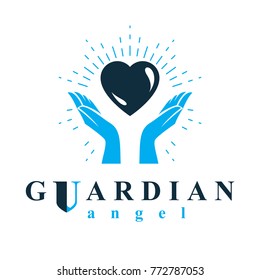 Caring Hands Hold Heart As The Concept Of Love And Treatment. Guardian Angel Vector Conceptual Emblem.