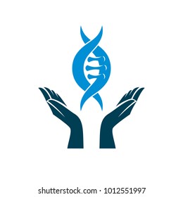 Caring hands hold a model of human DNA. Bioengineering as the direction of genetics, abstract vector scientific symbol best for use in education, science and humanity evolution research.