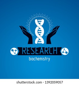 Caring hands hold a model of human DNA. Bioengineering as the direction of genetics, abstract vector scientific symbol best for use in education, science and humanity evolution research.