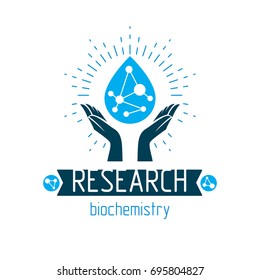 Caring hands hold a model of molecule placed in a water drop. Biomedical engineering conceptual emblem for use in physics and as chemical research or medical logo.