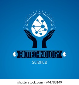 Caring hands hold a model of molecule placed in a water drop. Biomedical engineering conceptual emblem for use in physics and as chemical research or medical logo.