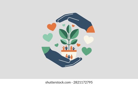 Caring hands holding a green plant pot with tiny family figures and surrounded by colorful hearts representing love, growth, and community.