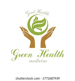 Caring hands holding green spring leaves. Medical rehabilitation abstract logo.