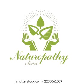 Caring hands holding green spring leaves. Wellness center abstract modern emblem for use in medical and social theme advertisement.